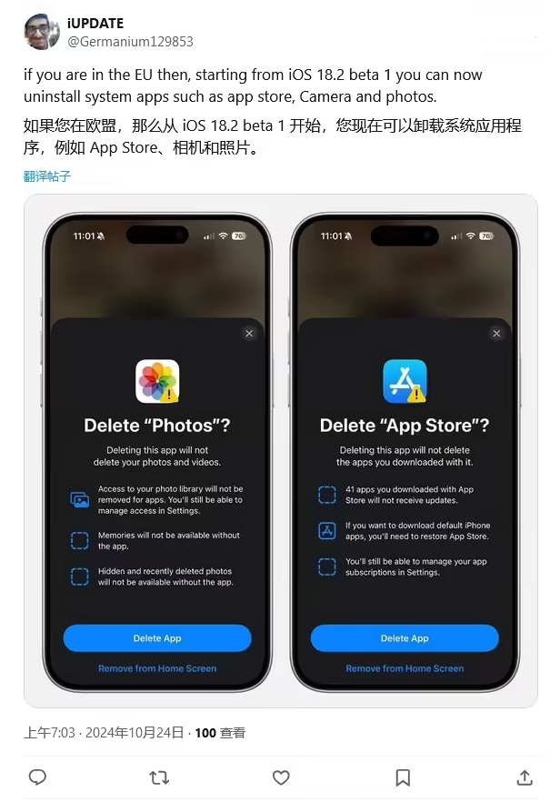 许昌苹果手机维修分享iOS 18.2 支持删除 App Store 应用商店 