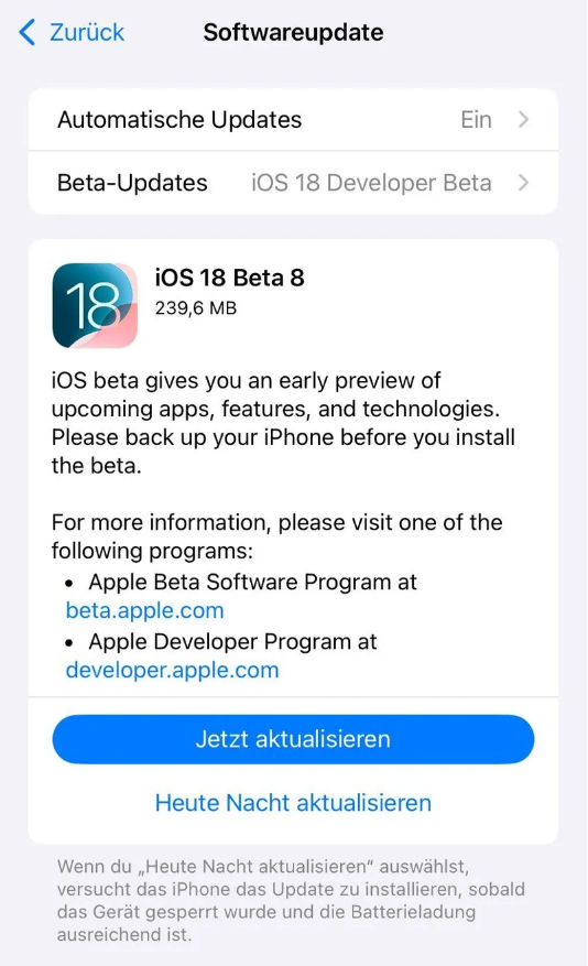 许昌苹果手机维修分享苹果 iOS / iPadOS 18 开发者预览版 Beta 8 发布 